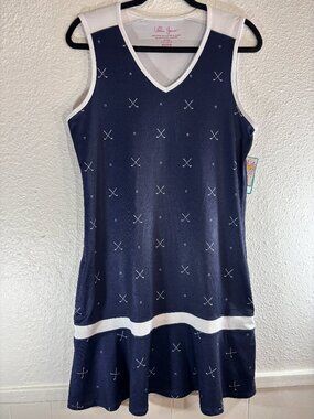 LILLIE GREEN Golf Dress Pockets UPF Sun Blocking Ditsy Navy Print Sz Medium NWT
